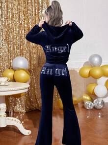 SHEIN Bộ đồ 2 món giản dị thanh lịch dành cho bé gái tuổi mới lớn, áo hoodie nhung đính đá Rhinestone có khóa kéo và quần ống loe ôm - Màu xanh hải quân - Xem 9