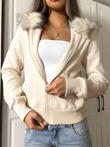 SHEIN EZwear 女士休闲杏色前拉链卫衣，适合日常穿着、毕业典礼、返校、教师着装、秋冬季。 - 杏色 - 查看 3