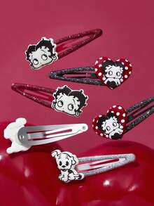 Betty Boop x SHEIN 6 件装时尚闪亮发夹发饰，心形和小狗图案，红色、黑色和银色，不伤发，送礼佳品，适合派对、节日、情人节等场合。 - 彩色 - 查看 7