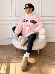 SHEIN EZwear 女士休闲羊毛衬里字母印花拉链连帽衫和裤子套装，粉色，秋冬连帽衫和运动裤套装，家居服和工作服，Y2K蓬松加厚两件套休闲套装，纽约女装，女士舒适服装 - 粉色 - 查看 4