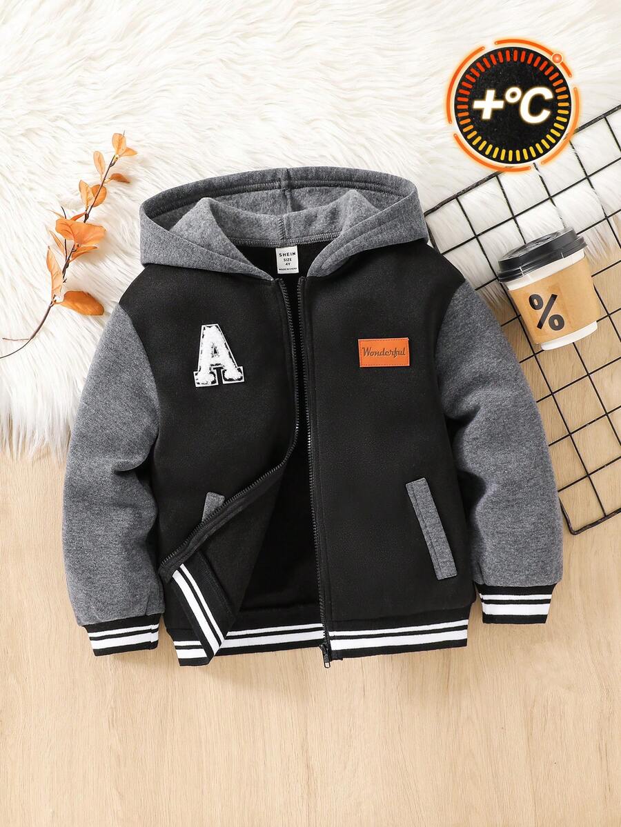 SHEIN Young Boys Casual Patchwork Color Block Thick Hooded Jacket, Suitable For School, Garden, Birthday, Fall, Winter Season, Halloween, Vintage - Grey - View 1