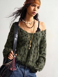 Bohemela 波西米亚风秋冬外套，女士复古豹纹不对称领宽松针织套头毛衣，西部乡村风格，适合度假、日常穿着、返校季、圣诞节、新年等场合。 - 軍綠色 - 查看 7