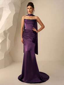 Coutiva Váy dạ hội trang trọng xếp ly màu trơn thanh lịch dành cho nữ (được trang trí nhiều chi tiết) - Màu tím - Xem 4