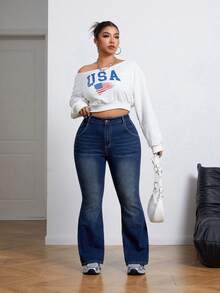 SHEIN ICON Quần Jeans Ống Loe Co Giãn Ôm Sát Cỡ Lớn - Rửa tối - Xem 4