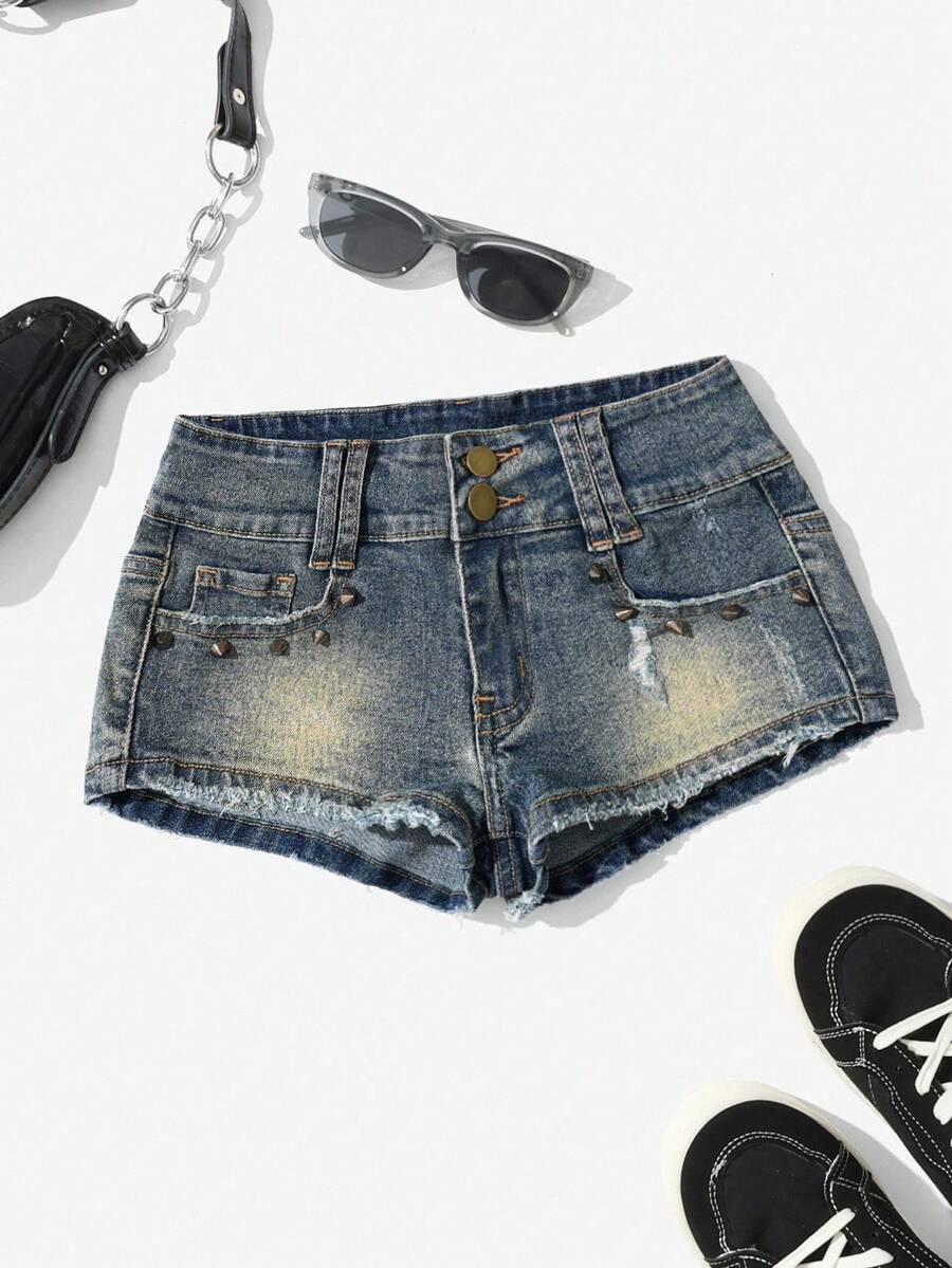 Rina Fox Women's Low Waist Fashionable Y2K Casual Denim Shorts - Medium Wash - View 1