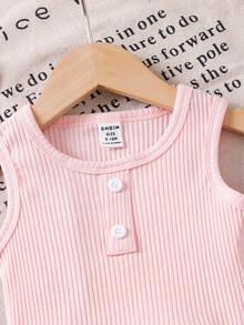 SHEIN Baby Girl Cute Summer Casual Knitted Pink Top & Heart Pattern Elastic Waist Denim Pants 2-Piece Set - Multicolor - View 4