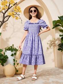 Tween Girls' Puff Sleeve Floral Print Square Neck Pleated Dress,Holiday,Summer,Travel - Purple - View 5