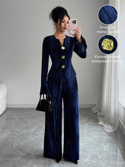 Elenzga 女式法式休闲宽松天鹅绒奢华时尚长袖金属纽扣装饰 T 恤和时尚阔腿裤 2 件套，适合日常穿着