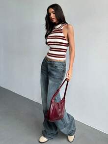 Aloruh Vintage gestreifter Rollkragen Strick Trägerhemd, Sommer, Herbst für Frauen, Damen Winter Pullover, Burgunder Top, schicker Pullover für Frauen, Tops für Ausgehen, Neujahr Frauen, Weihnachten Frauen, Halloween für Frauen, rot-weiß gestreifter Basic Pullunder, ärmelloses Pullover Top, Y2K, Old Money Stil