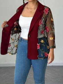 Elenzga Blazer élégant pour femmes grandes tailles avec patchwork en maille à broderie florale sur le col