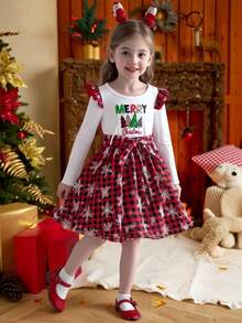Young Girls Christmas Dress, MERRY CHRISTMAS Heat Transfer Print, Ruffle Sleeve Decor, Snowflake & Red Plaid Print Dress, Comfortable Casual For Little Girls