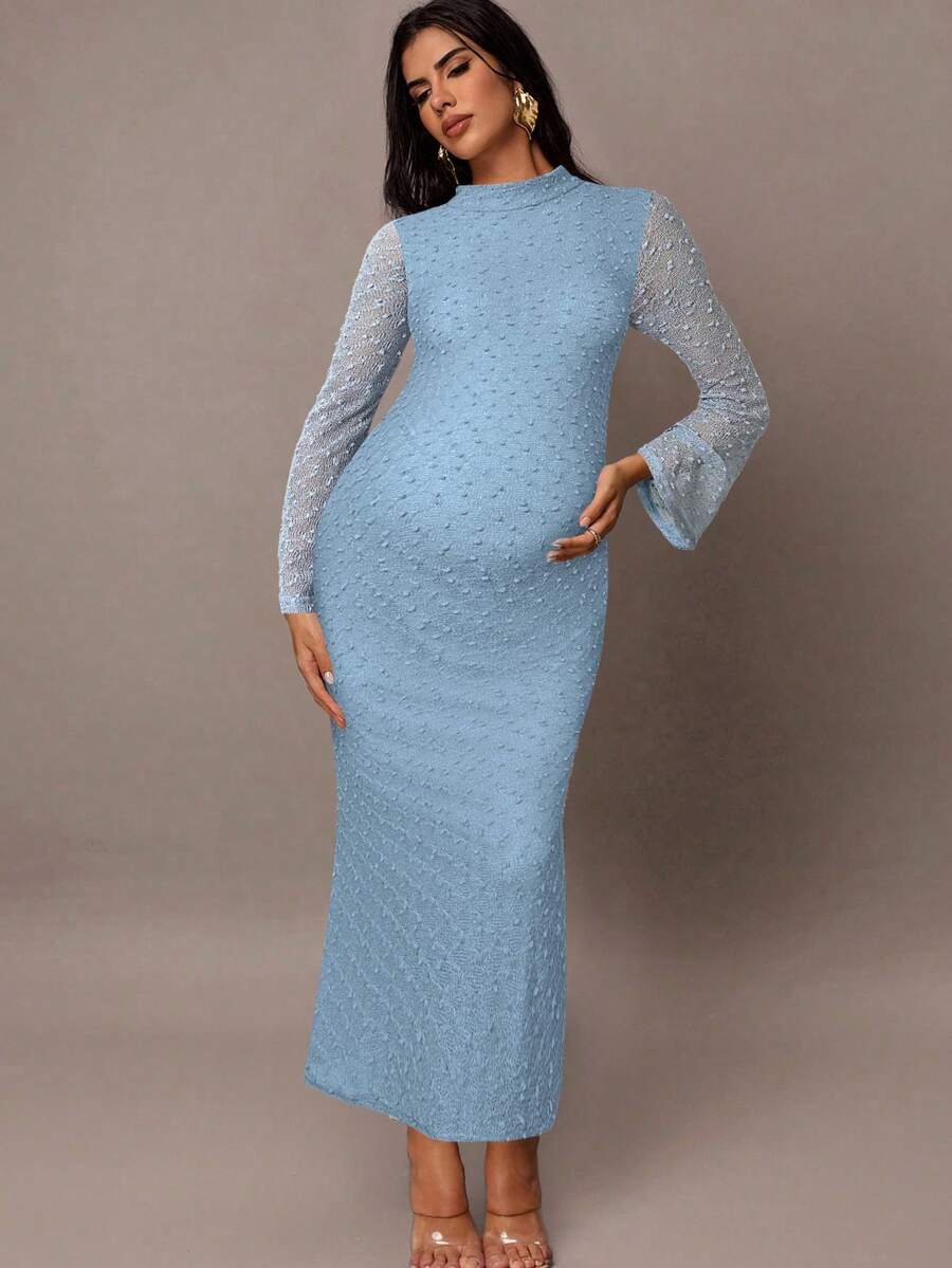 MaterniChic 优雅派对喇叭袖修身孕妇装 - 藍色 - 查看 1