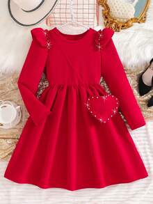 Cute Red Autumn Knit Dress For Tween Girls,Featuring Puff Sleeves,Ruffle Shoulders,And Heart-Shaped Backpack,Elegant For Christmas Events And Party - Red - View 7