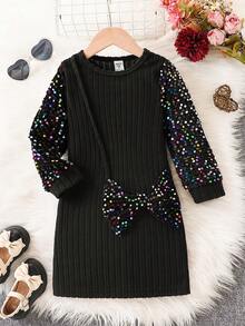 Girls' Black Ribbed Splice Beaded Fitted Dress - Black - View 3