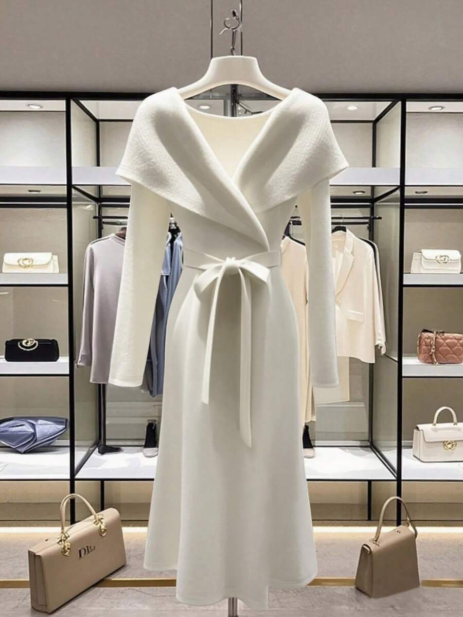 Franclia Women's Solid Color Elegant Dress With Bow - White - View 1