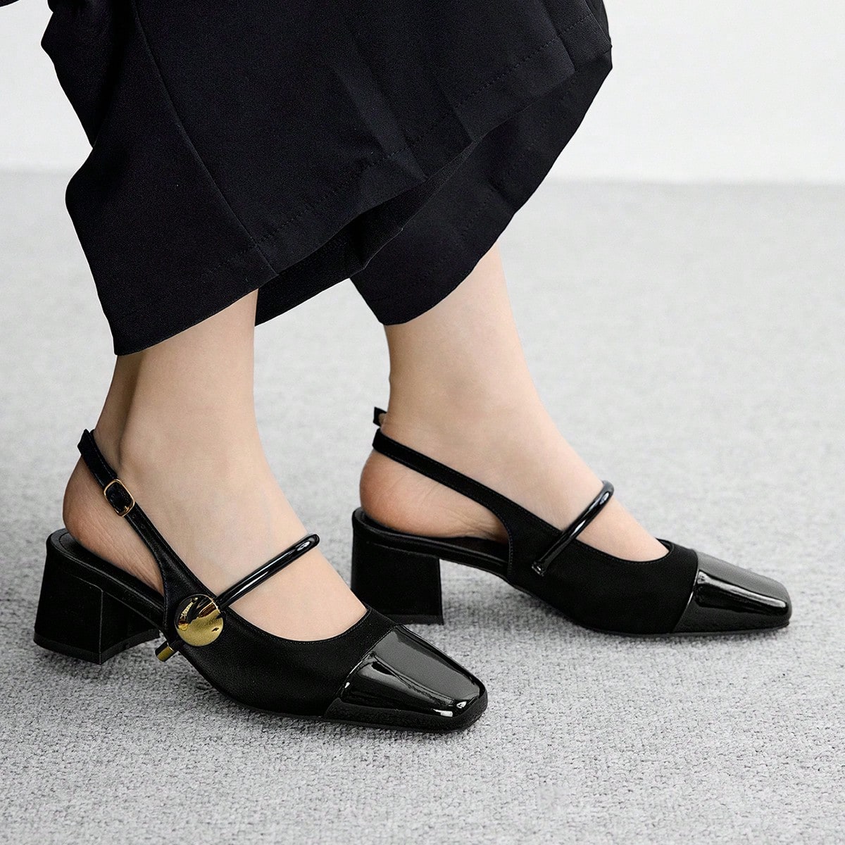 Bombas de tacón bajo clásicas sin cordones para mujer, negro para Navidad
