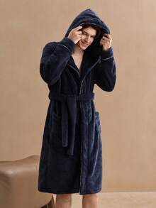 Men's Luxury Plush Lined Belted Robe, Comfortable Casual Sleepwear, Autumn/Winter, British Style, Fluffy, Cozy - Navy Blue - View 6