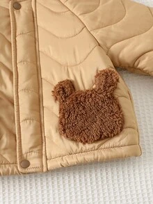 Cozy Pixies Baby Boy Cartoon Bear Pattern Contrast Color Hooded Winter Coat, Versatile & Comfortable For Indoor, Outdoor Casual, Skiing, Back To School, Daily Wear, Sports, Play, Party