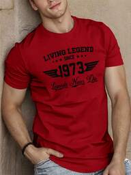 Manfinity Homme 1973 Legendary Classic Graphic Short Sleeve T-Shirt, Retro Style Tee For Men Red T Shirt Men