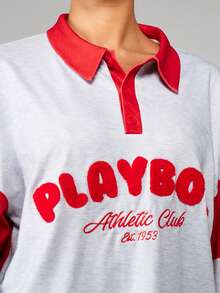Missguided x Playboy ملابس علوية بولو كم طويل مع طباعة نادي رياضي وياقة كلاسيكية، بتصميم لوني مخطط عتيق - متعدد الألوان - مشاهدة 7