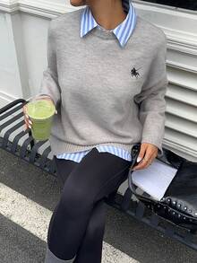 Siren Gaze Women's Casual Loose Fit Round Neck Drop Shoulder Long Sleeve Knight Pattern Sweater, Autumn/Winter - Grey - View 4