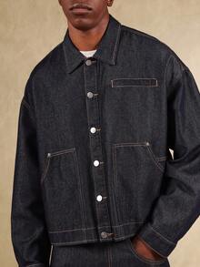 SUMWON Men's Cropped Carpenter Long Sleeve Denim Shirt Button Down Dark Wash Cotton Workwear Utility Jacket With Pockets Plain - Navy Blue - View 4