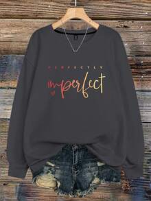 Flirla 大码女式标语 PERFECTLY Imperfect 字母印花圆领卫衣 - 深灰色 - 查看 1