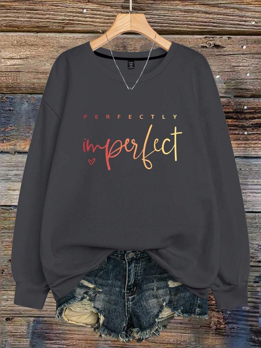 Flirla 大码女式标语 PERFECTLY Imperfect 字母印花圆领卫衣 - 深灰色 - 查看 1