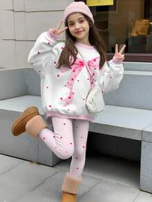 SHEIN Leap Crew 2 件套青少年女孩休闲蝴蝶结装饰圆领长袖运动衫和紧身裤套装，适合秋冬季 - 彩色 - 查看 1