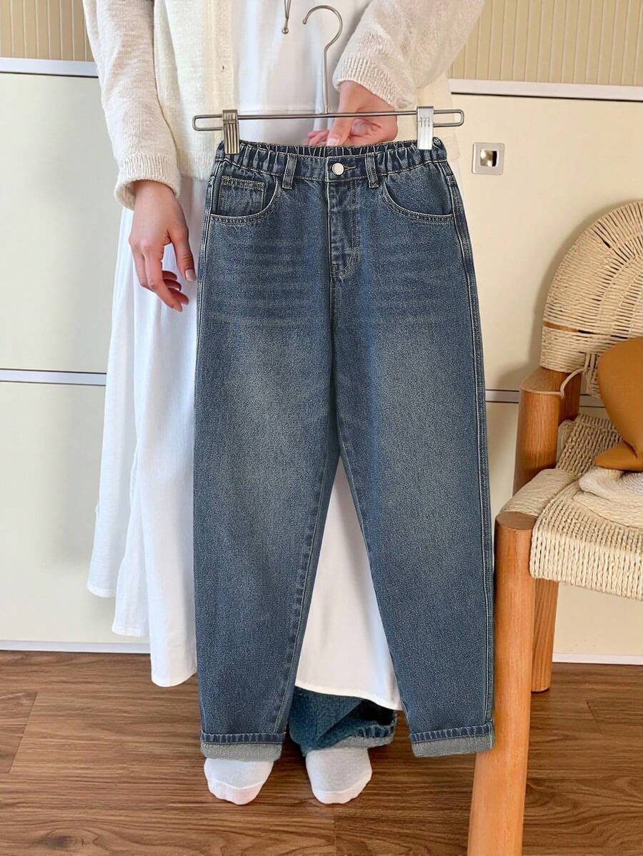 Mirajuku Tween Boys Vintage Washed Jeans-Relaxed Fit, Straight Leg, Slim Tapered Mid-Rise, Stretchy Denim, Casual, Suitable For School, Commute, Parties, Home - Dark Wash - View 1