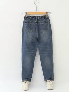 Mirajuku Tween Boys Vintage Washed Jeans-Relaxed Fit, Straight Leg, Slim Tapered Mid-Rise, Stretchy Denim, Casual, Suitable For School, Commute, Parties, Home - Dark Wash - View 2