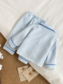 2pcs Baby Boys Autumn/Winter Outfit, Plaid Fleece Cardigan With Pockets & Cartoon Car Embroidery, Long Sleeve Top And Pants Set Baby Boy Blue Set Baby Car Outfit Blue Baby Boy Pajama Set Quilted Baby Boy Outfit - Blue - View 2