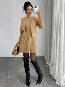 Selianne 2件套女士灰色毛衣裙和开衫套装，秋季 - 卡其色 - 查看 1