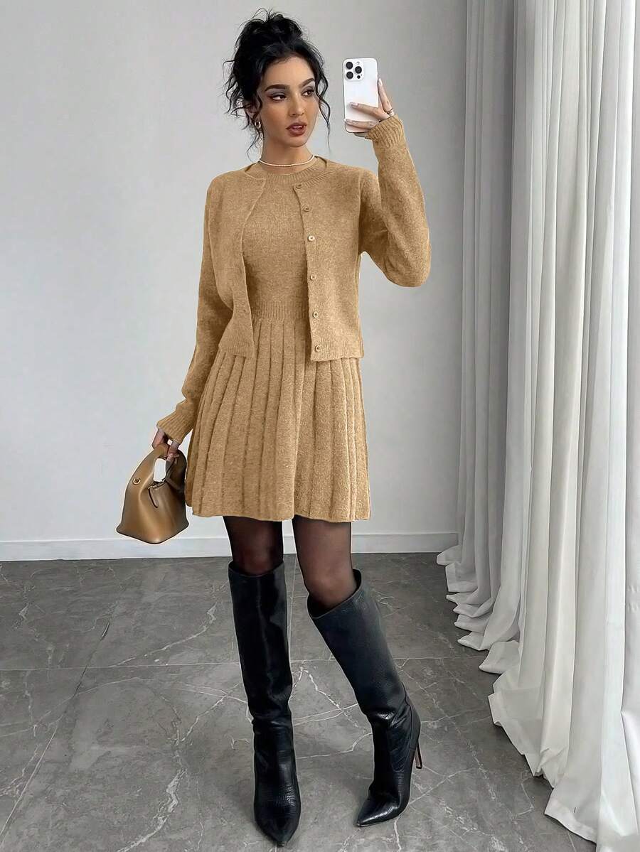 Selianne 2件套女士灰色毛衣裙和开衫套装，秋季 - 卡其色 - 查看 1