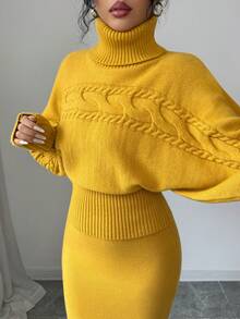 SHEIN Elenzya 女式秋冬 Anneusta 上衣，适合度假、独立日、劳动节、哥伦布日、感恩节、情人节、街头风格、复古风、斯堪的纳维亚风、垃圾摇滚风、韩式风格、休闲装、工作服、教师装、返校装、哥特风、办公室装、商务休闲装、金黄色高领针织毛衣两件套 - 黃色 - 查看 4