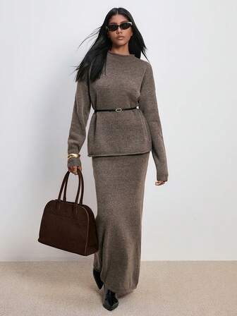 ATUI Studio Damen Lässig Alltags Pendler einfache Einfarbige Loose Fit Pullover mit Taillengürtel und Pullover-Rock mit Fischschwanz-Saum 2 Stücke Set, Herbst/Winter