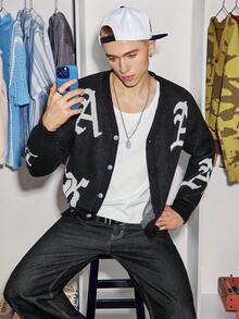 Manfinity Homme Áo len cardigan dệt kim dài tay họa tiết chữ cho nam, phong cách Thu/Đông nam Rave Alt Men Graphic Men Festival Thu Đông - màu đen - Xem 4