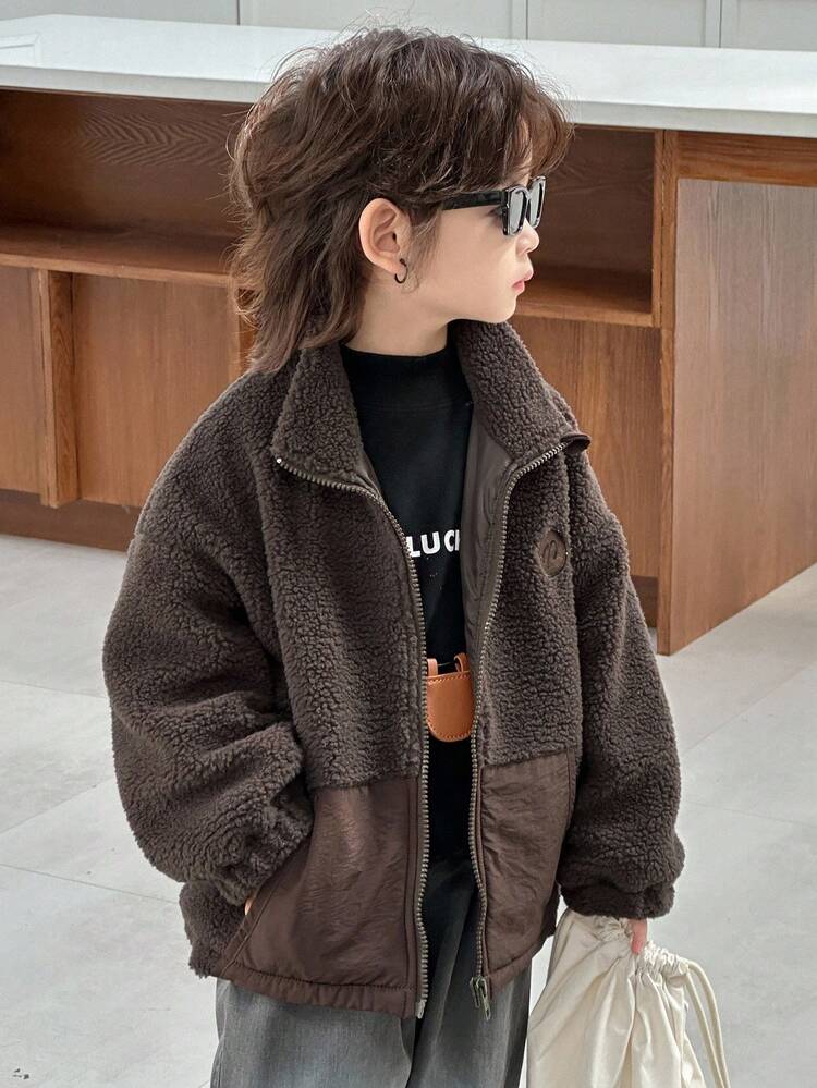 Young Boy Autumn/Winter Embroidered Design Drop Shoulder Long Sleeve Zip-Up Sherpa Jacket