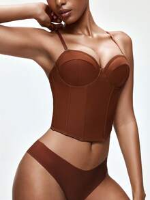 SHAPORA 巧克力棕色腰部修身无缝文胸上衣带钢圈，简约休闲风格，适合派对和日常穿着 - 咖啡棕 - 查看 4