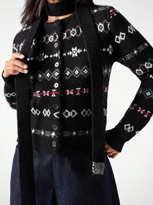LYSMO 2025 New Arrive Minimalism Winter Black All-Over Print Button Front Casual Long Sleeve Cardigan Sweater Winter For Women New Year Look And Christmas For Women For Going Out, Streetwear, And Stockholm Style - Multicolor - View 5