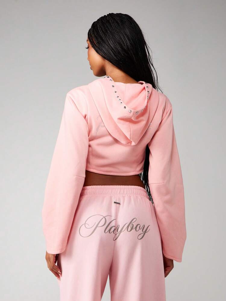 Missguided x Playboy Cropped Zip Up Hooded Sweatshirt With Rhinestone Logo Details And Drawstring