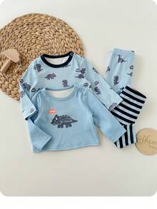SHEIN Newborn Baby Boy/Girl Cute Cartoon Pattern Knit Long Sleeve Top And Pants Pajama Set - Blue - View 2