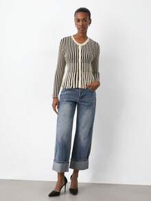 Maija Women's Casual Striped Button-Up Long Sleeve Sweater, Autumn/Winter - Apricot - View 3