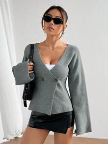 SHEIN Unity Áo len cardigan dệt kim hai hàng khuy, thắt eo thời trang dành cho nữ, Thu/Đông - Xám - Xem 5