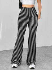 SHEIN Unity Women High Waist Minimalist Houndstooth Flare Leg Pants, Casual For Everyday Wear Fall Cloth For Women - Black and White - View 4