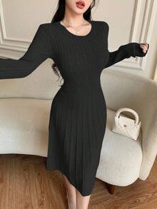 Modelyn Women's Solid Color Waist Cinched Knit Dress, Autumn/Winter