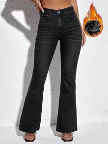 SHEIN PETITE 女式高腰口袋喇叭休闲百搭牛仔裤 - 黑色 - 查看 3