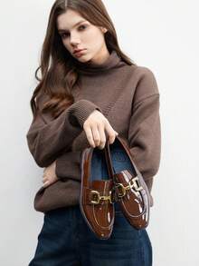 CUCCOO BIZCHIC Sepatu Loafer Wanita Ujung Persegi Warna Kopi Modis dengan Gesper Retro Nyaman Sederhana untuk Perjalanan - Coffee Brown - View 5
