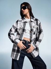 GENKIRA Áo khoác tay dài thường ngày có túi trước in họa tiết kẻ caro ngẫu nhiên - Đen và trắng - Xem 2