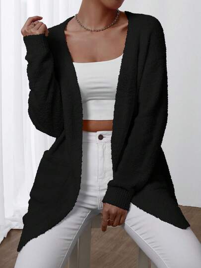 EMERY ROSE Women's Solid Color V-Neck Pocket Asymmetric Cardigan Sweater